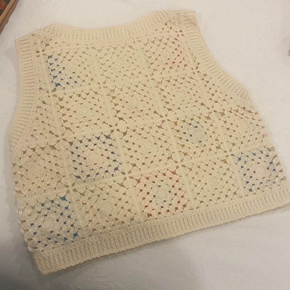 Rebellion V-Neck Crochet Sweater Vest - Cream with Colorful Accents - Picture 4 of 10
